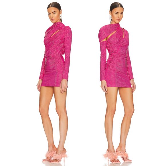 NWT Cult Gaia Nicole Mini Dress Sz XS in Dragonfruit Crystal-Embellished Allover - Picture 2 of 9